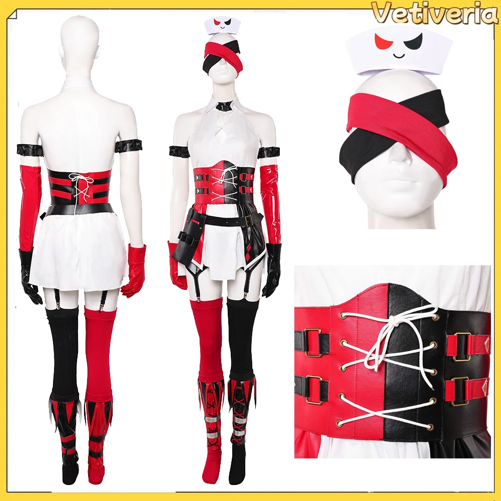 

Adult Women Quinzel Dress Girl Nurse Hat Gloves Belt Outfits Halloween Carnival Dress Up Party Disguise Cosplay Costume Suit