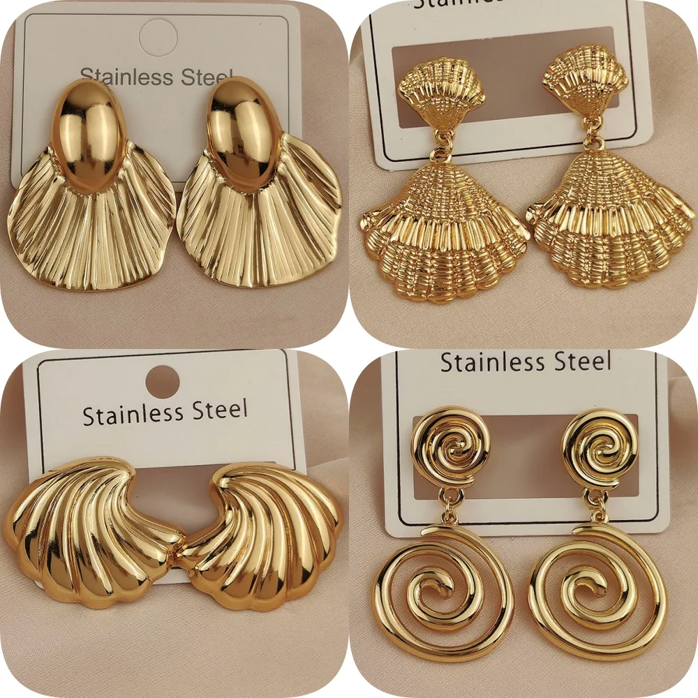 Charming heavy metal fan-shaped spiral 18K gold-plated women's earrings, waterproof and non-fading stainless steel, wife gift