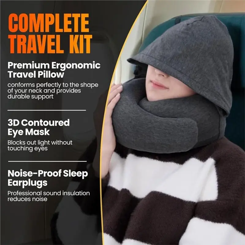 Pro Hooded Travel Pillow-Memory Foam Neck Support For Airplane, Flight-Super Soft Pure Cotton Fabric Cover Maximum Comfort
