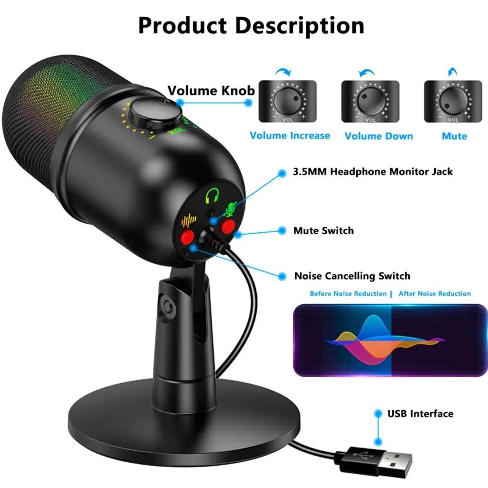 USB Microphone Plug and Play Gaming Mic for PC Mac PS4/5 Podcast Microphone with RGB Mute Monitor Noise Reduction Volume Gain