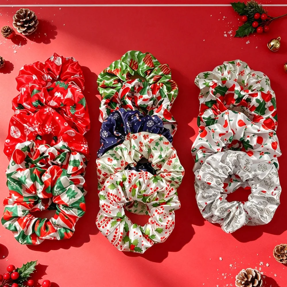1Pc Holiday Christmas Scrunchies, Satin Ponytail Ties for Women, Party Gift Hair Accessories No Damage