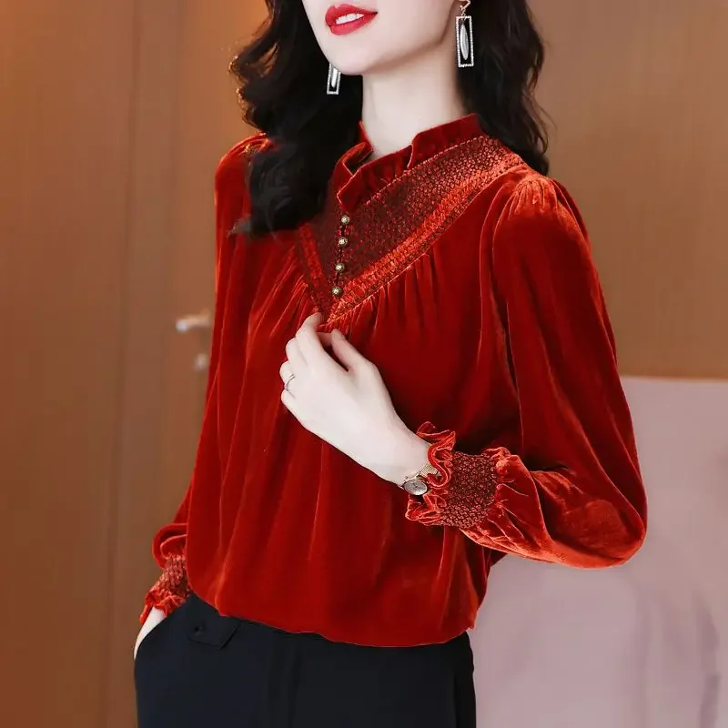 High end gold velvet top for women with a niche design sense, retro gold velvet shirt for women, autumn/winter 2024