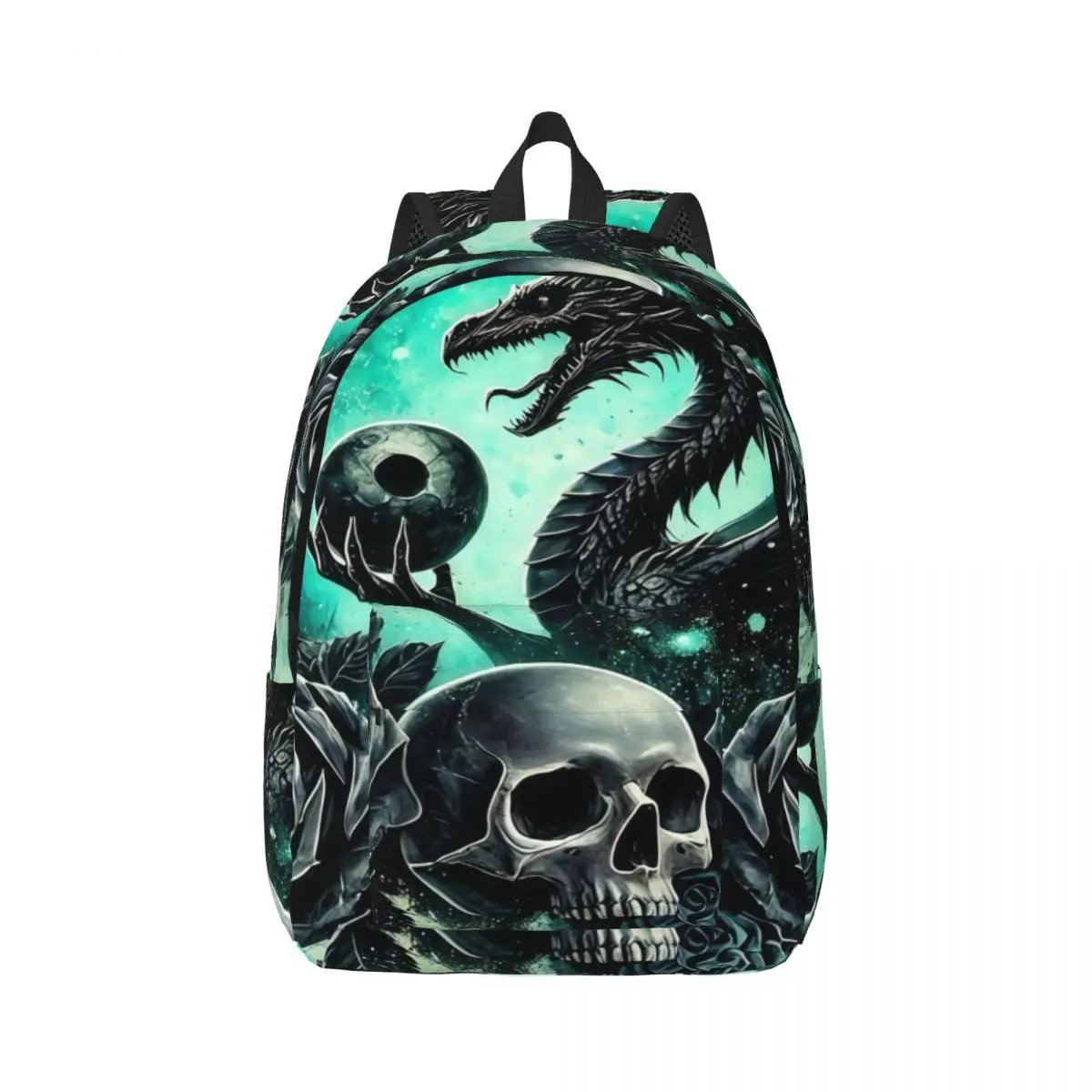 Dinosaur Print School Backpack Center Dragon Skull Black Roses Ravens Dark Gothic Teal Green Black Gray Large Bookbag College