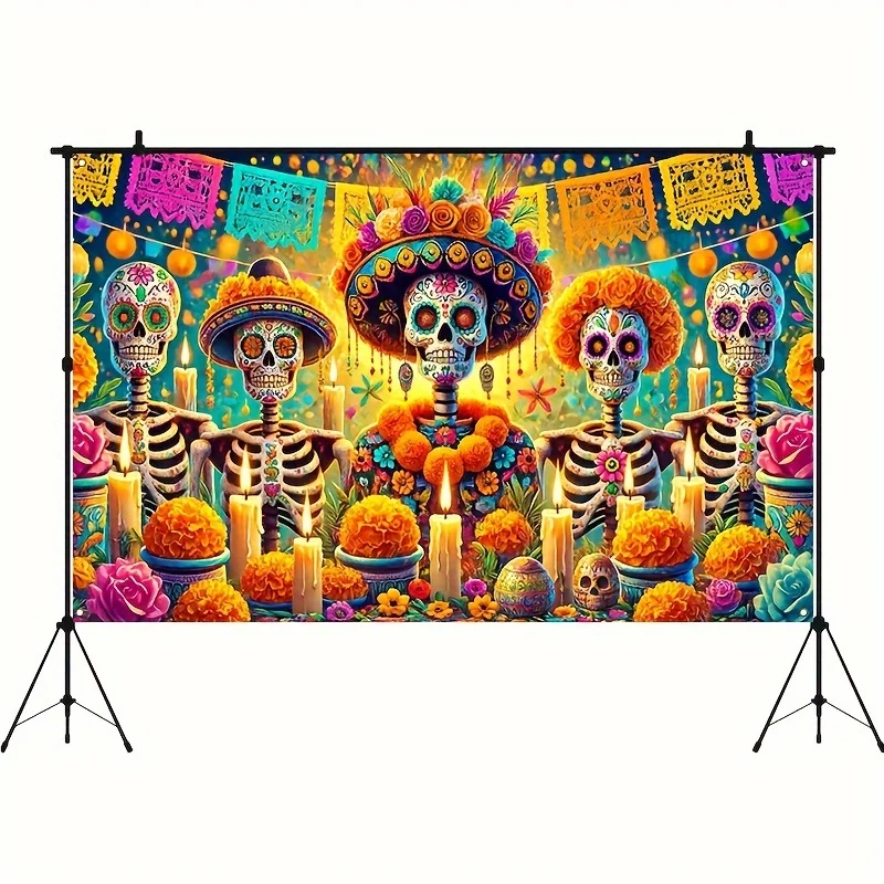 Colorful Skull And Marigold Halloween Day Of The Dead Banner Suitable For Photography Background Cloth Party And Home Decoration