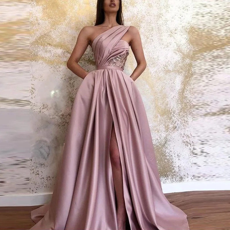 

Pendulum luxury autumn and winter new new sexy split-ended slanted shoulder dress long dress evening dress sexy temperament eleg