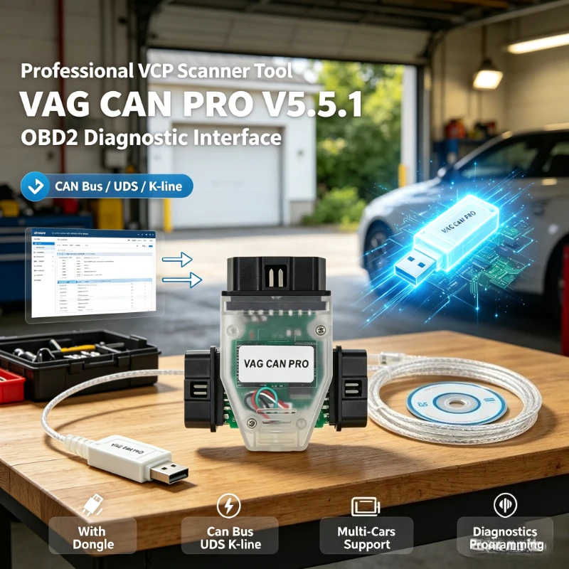 VCP OBD2 Diagnostic Interface VAG CAN PRO V5.5.1, Professional Scanner With Dongle, Multi‑Cars Support Can Bus UDS K‑line Newest