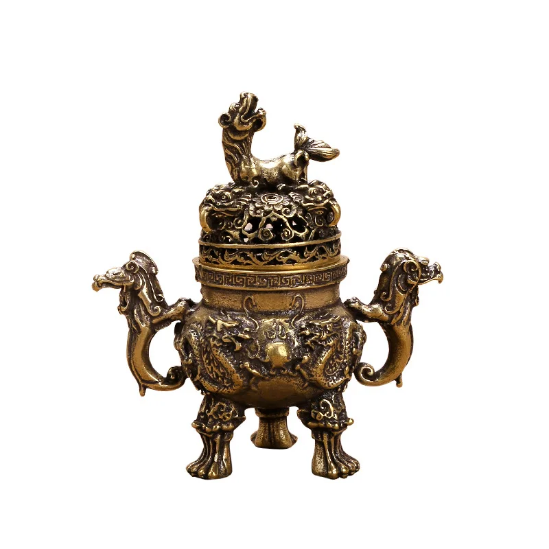 

Brass antique crafts sandalwood plate Shuanglong play pearl incense burner