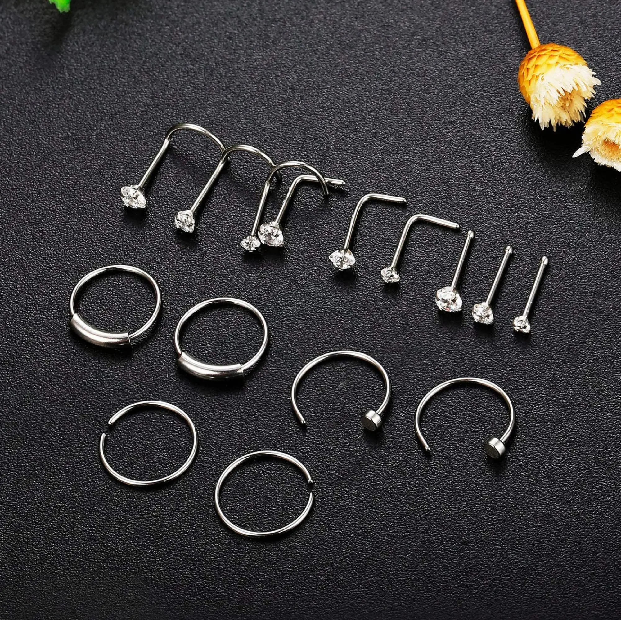 Drperfect 22G Surgical Steel Nose Rings Hoop Studs for Women Men Cartilage Earrings Nostril Body Piercing Jewelry CZ