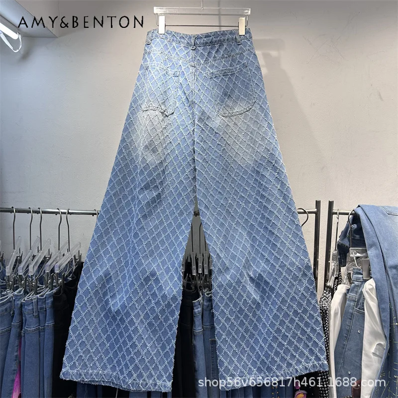 

Heavy Industry Rhinestone Plaid Blue Jeans Women's High Waist Wide-leg Denim Pants Kawaii Long Loose Casual Trousers For Ladies
