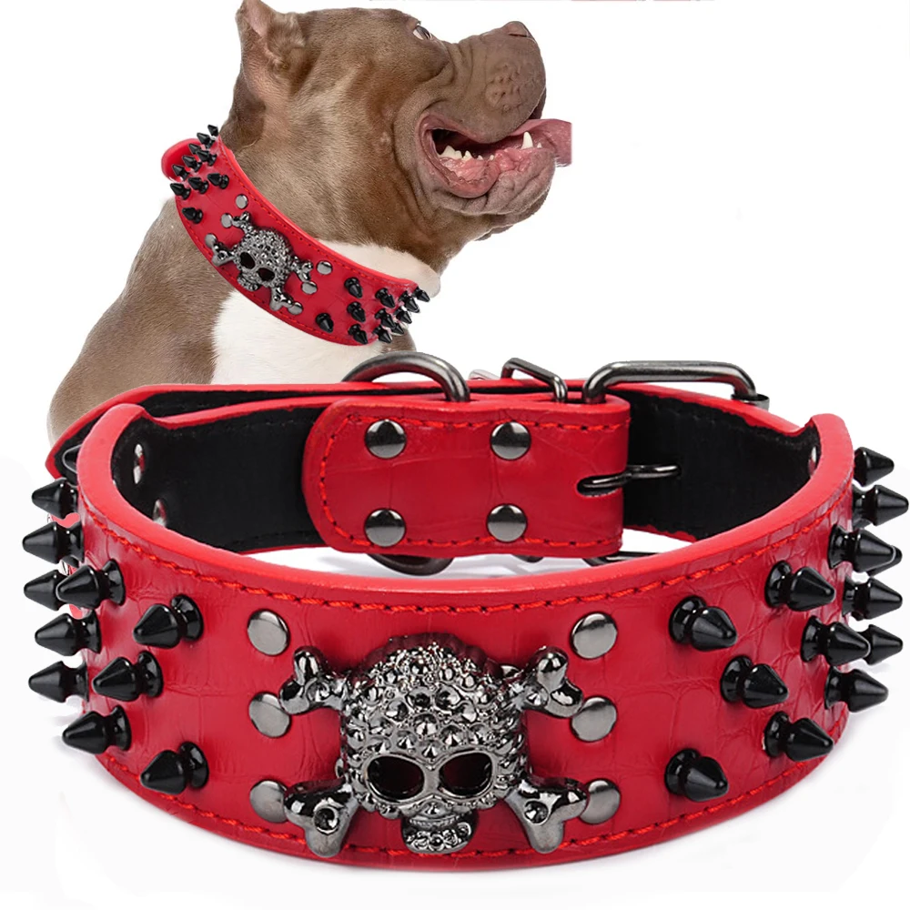 

Skull Spiked Studded Leather Dog Collar For Medium Large Dogs Bulldog Adjustable Anti-Bite Neck Strap Collars Leash Accessories