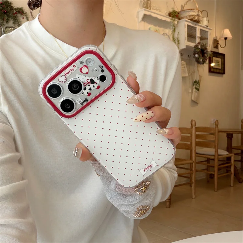 

IMD double-layer white background all inclusive IND red polka dot love dog phone case for iPhone 11 12 13 14 15 16 17 PROMAX