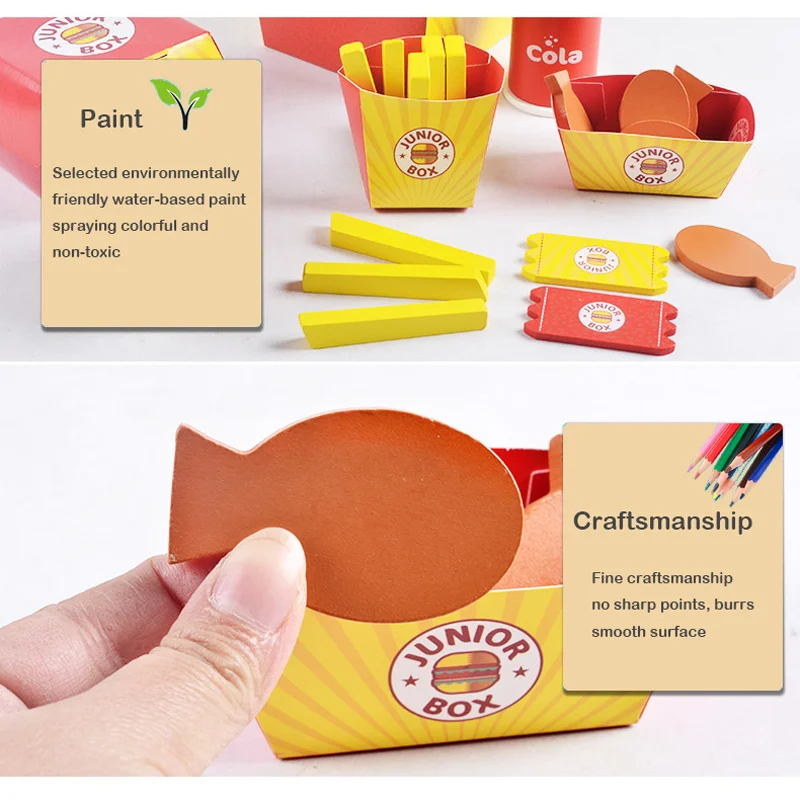 Children\'s simulation food toy set, wooden simulation burger, fries, wooden blocks, role-play, kitchen/shop, early learning toys