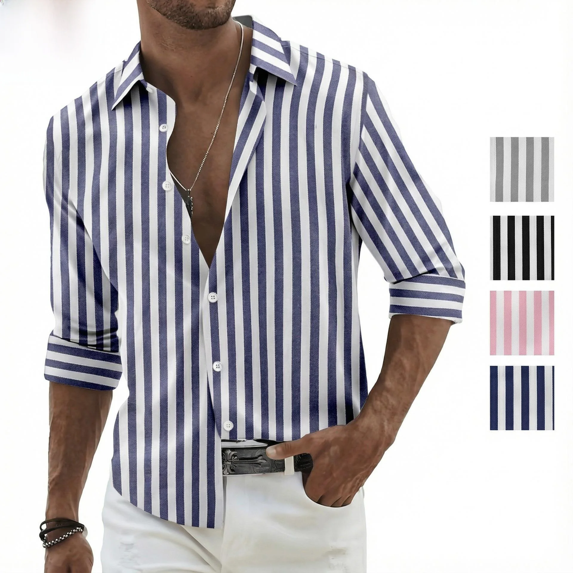 

New Men's Color-Woven Stripe Cotton Linen Loose Long-Sve irt Autumn Faion Casual Busin Dr Code Easy Care irt