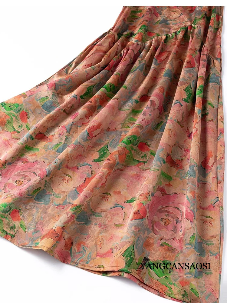 Artistic Sense Oil Paint Style 100% Natural Mulberry Silk Gambiered Guangdong Gauze Design Sense Women's Large Swing Vest Dress