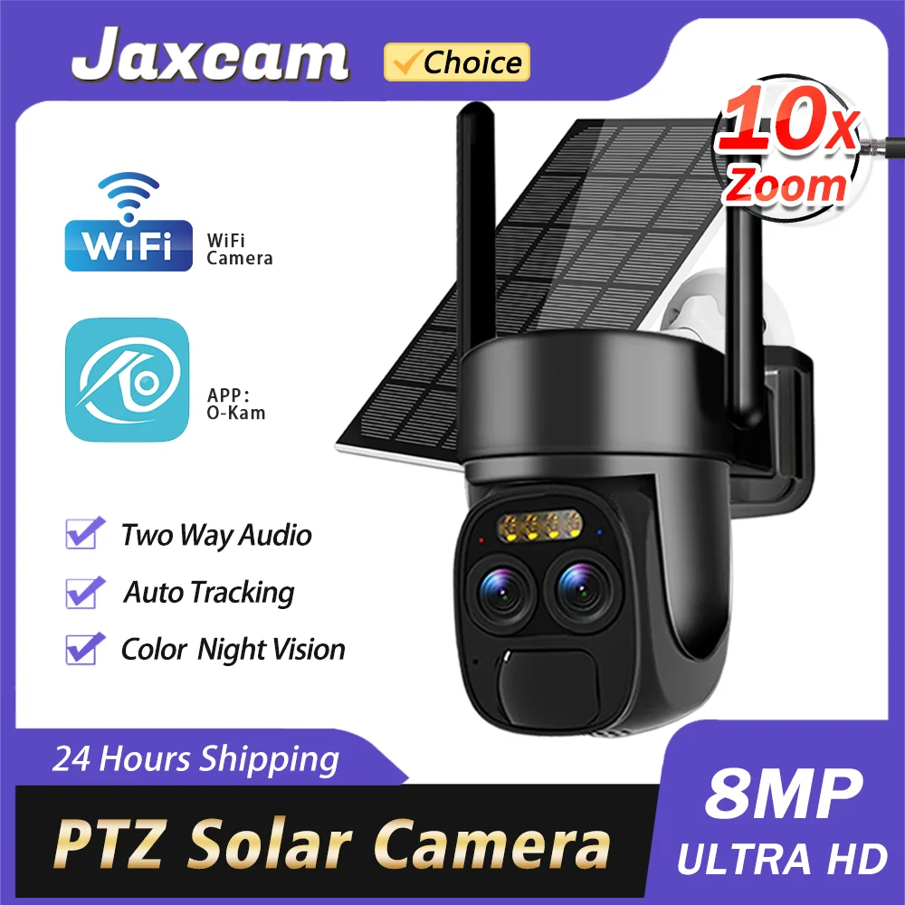 4K 8MP Dual Lens WIFI Solar Pane Camera Outdoor 10X Optical Zoom Audio Color Night Vision Bulit-in Battery Security Camera O-KAM