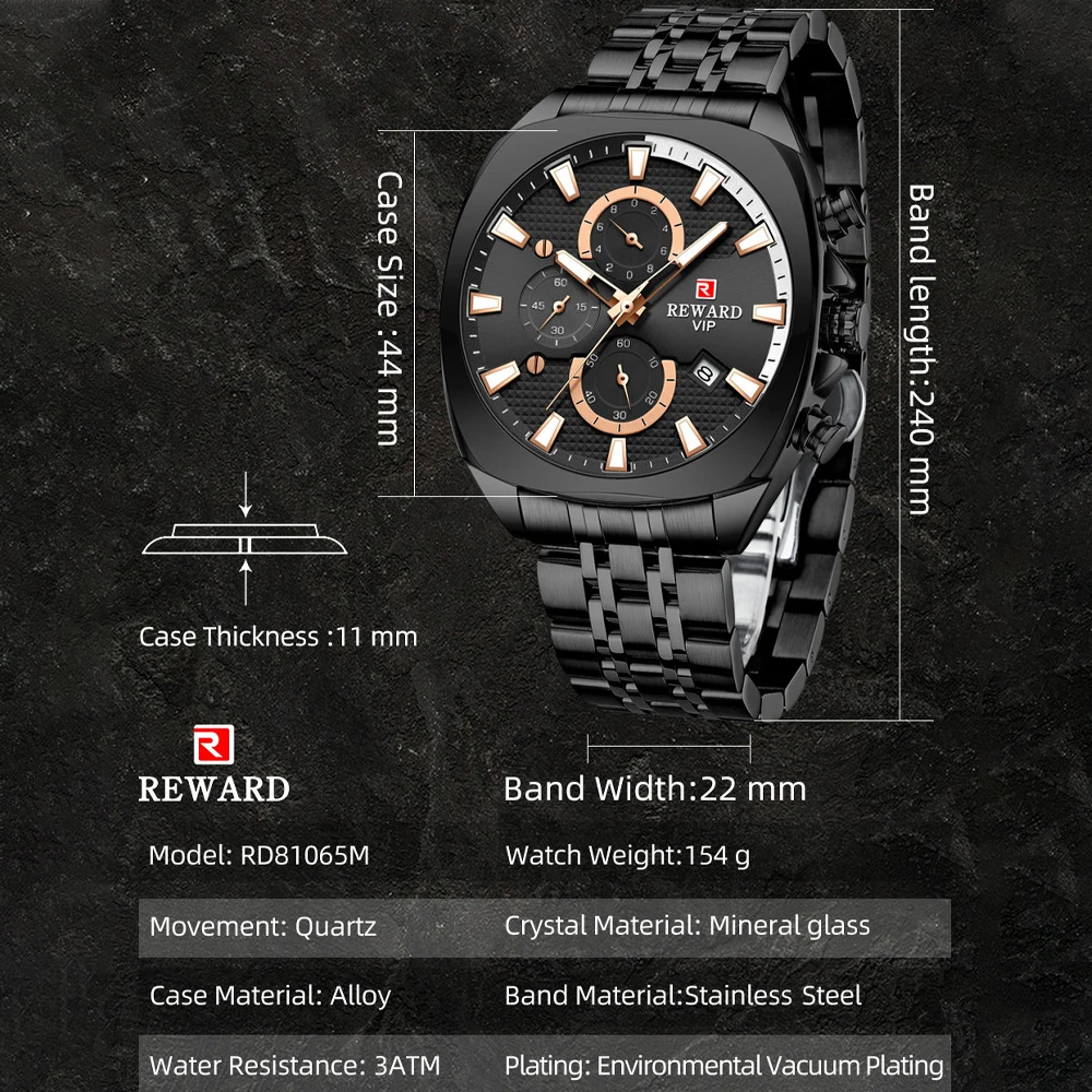 REWARD Men Watches Top Brand Luxury Stainless Steel Chronograph Sport Watch For Men Fashion Date Waterproof Clock Reloj Hombre