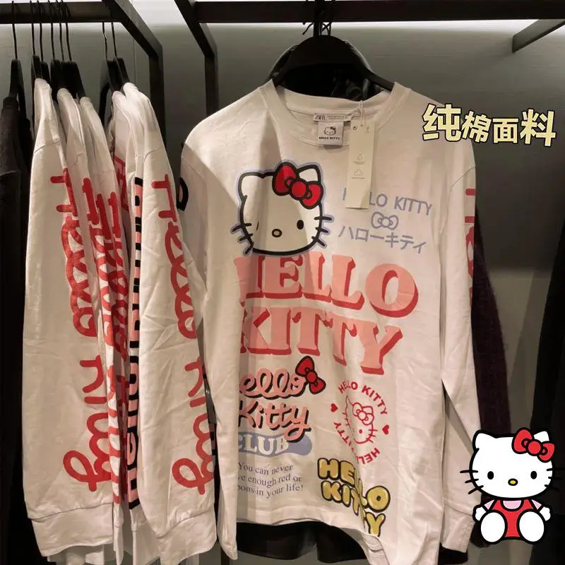 

Sanrios Women's Hello Kittys T-Shirt Cute Cartoon Printed Long Sleeved Tees Spring Autumn Loose Pullover Tops Y2K Couple Clothes