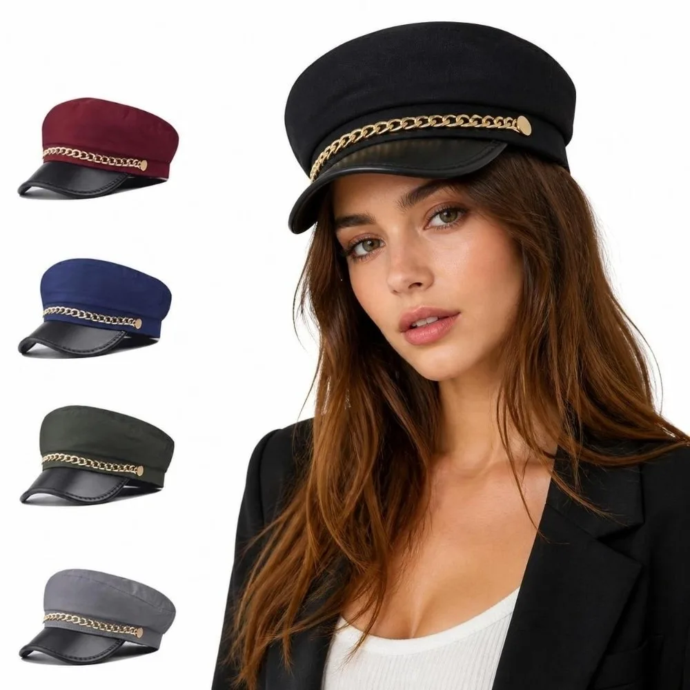 Vintage Gold Chain Decor Newsboy Cap PU Leather Short Brim Beret Hat Casual Adjustable Octagonal Hat Street Daily Wear