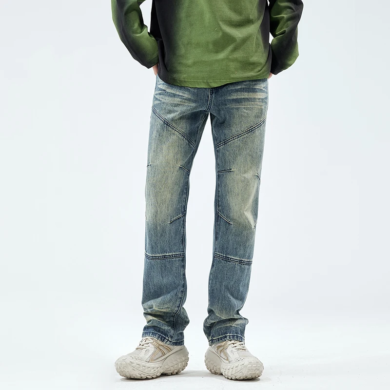

8613 The new simple casual retro distressed panelled wide-leg jeans, men's straight-leg, loose, draped, trendy, lazy, high