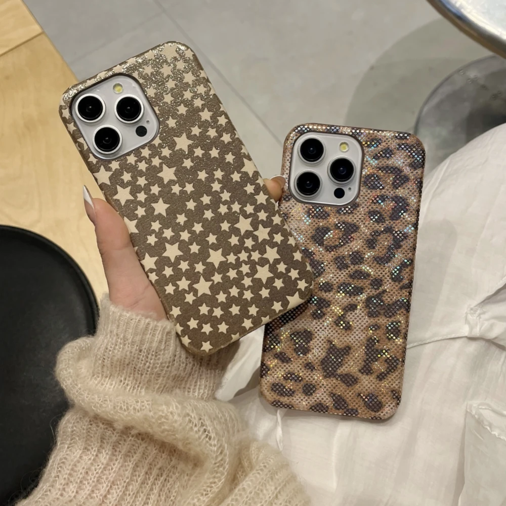 PU Leather Phone Case with Stars Leopard Print Matte Back Cover Trendy Half-wrapped Cases Apple iPhone 15 12 13 14 Pro Max 11