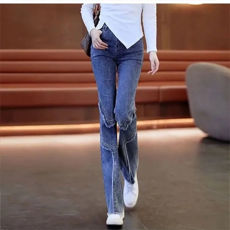 Women Micro Flared Jeans New Spring Autumn High Waist Slim Extend Denim Pants Female Hot Diamond Boot Cut Trousers Hem Jean Pant