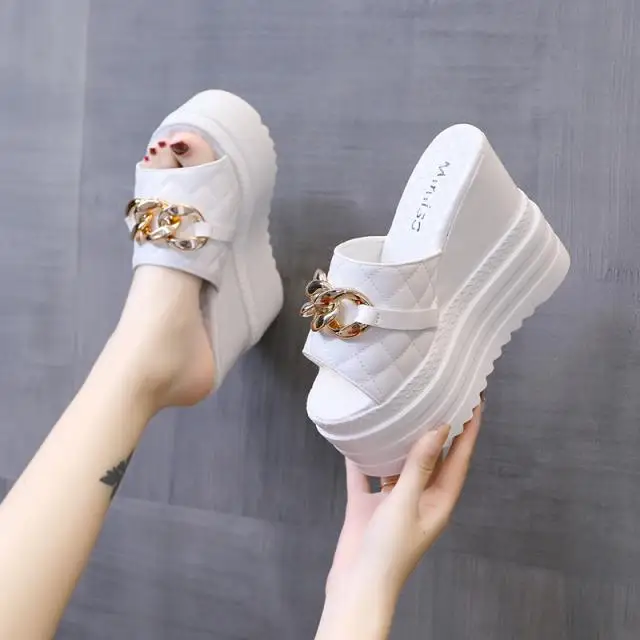 Slippers Casual Shoes On A Wedge Platform Slides Women Heels Pantofle Luxury Soft High 2024 Summer Fashion PU Fabric Leisure