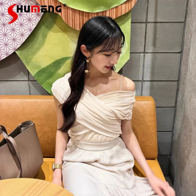 

Japanese Style Sweet Mesh V-Neck T-Shirt Summer 2025 Women's Slim Fit Elegant Fashion Off-Shoulder T-Shirt Lady Daily Basic Top