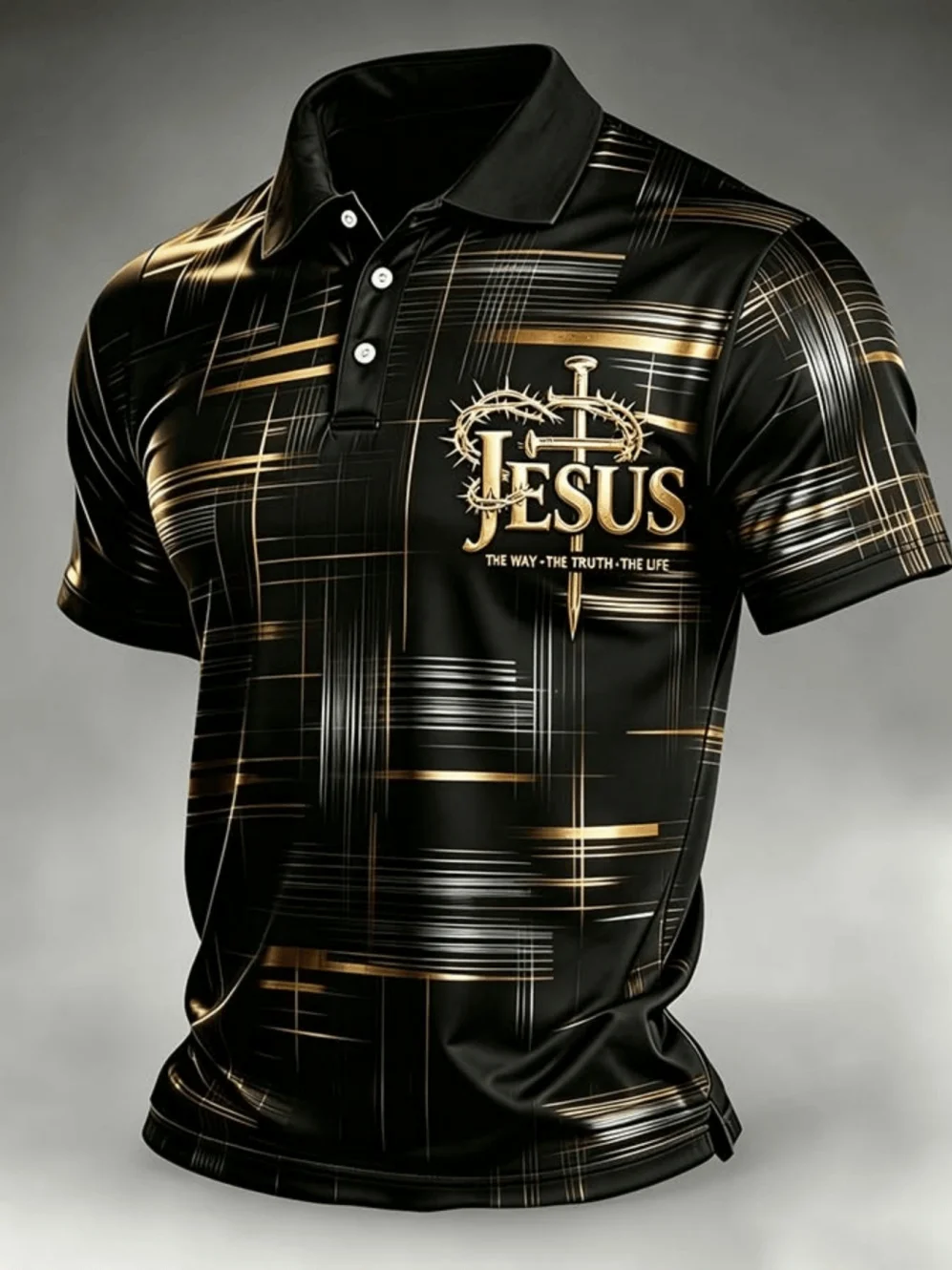 Men's Smooth Black Lapel Polo Silvery Diagonal Line Cross Slogan Print Business Casual Polo Top Summer Daily Commute Man Clothes