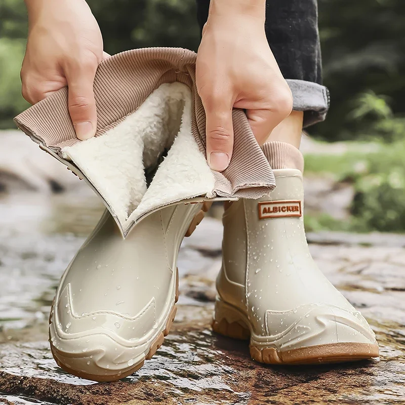 New Waterproof Couple Rain Shoes Winter Warm Plush Men's Rain Boots Outdoor Non-slip Men Boots Fashion Men's Work Boots Size 48