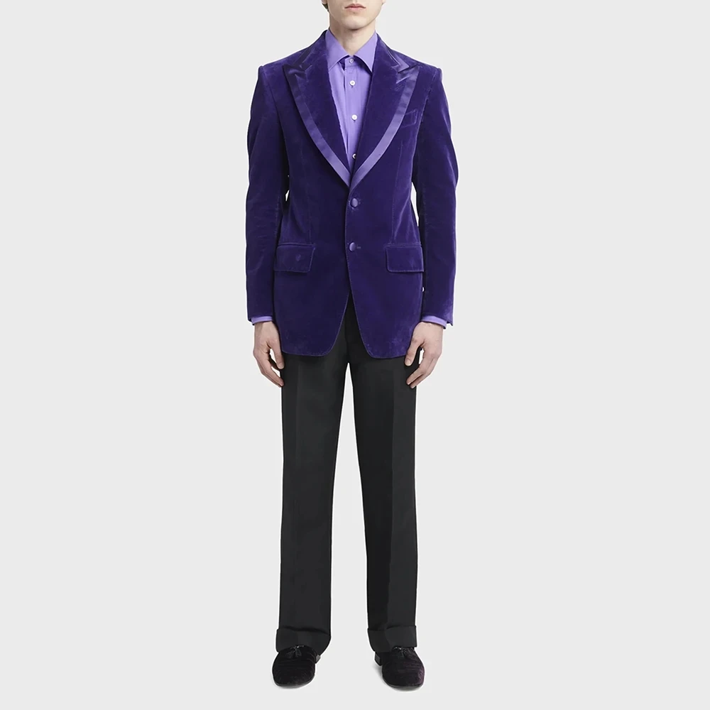 

Мужские костюмы, комплект из 2 предметов, однобортный темно-фиолетовый бархатный пиджак с остроконечными лацканами, черные брюки, деловой банкетный повседневный костюм на заказ