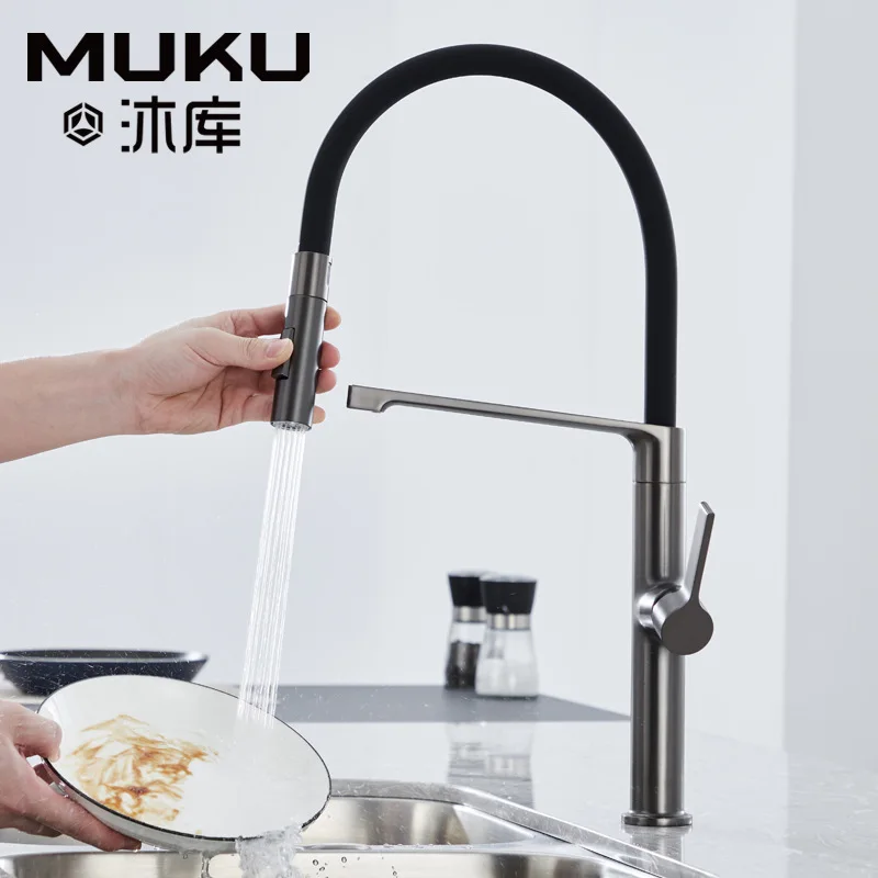 Factory Direct Gun Gray Pull Out Kitchen Faucet Brass Hot&Cold Mixer Tap Washbasin 360 ° Universal Sink Faucet Splash-Proof