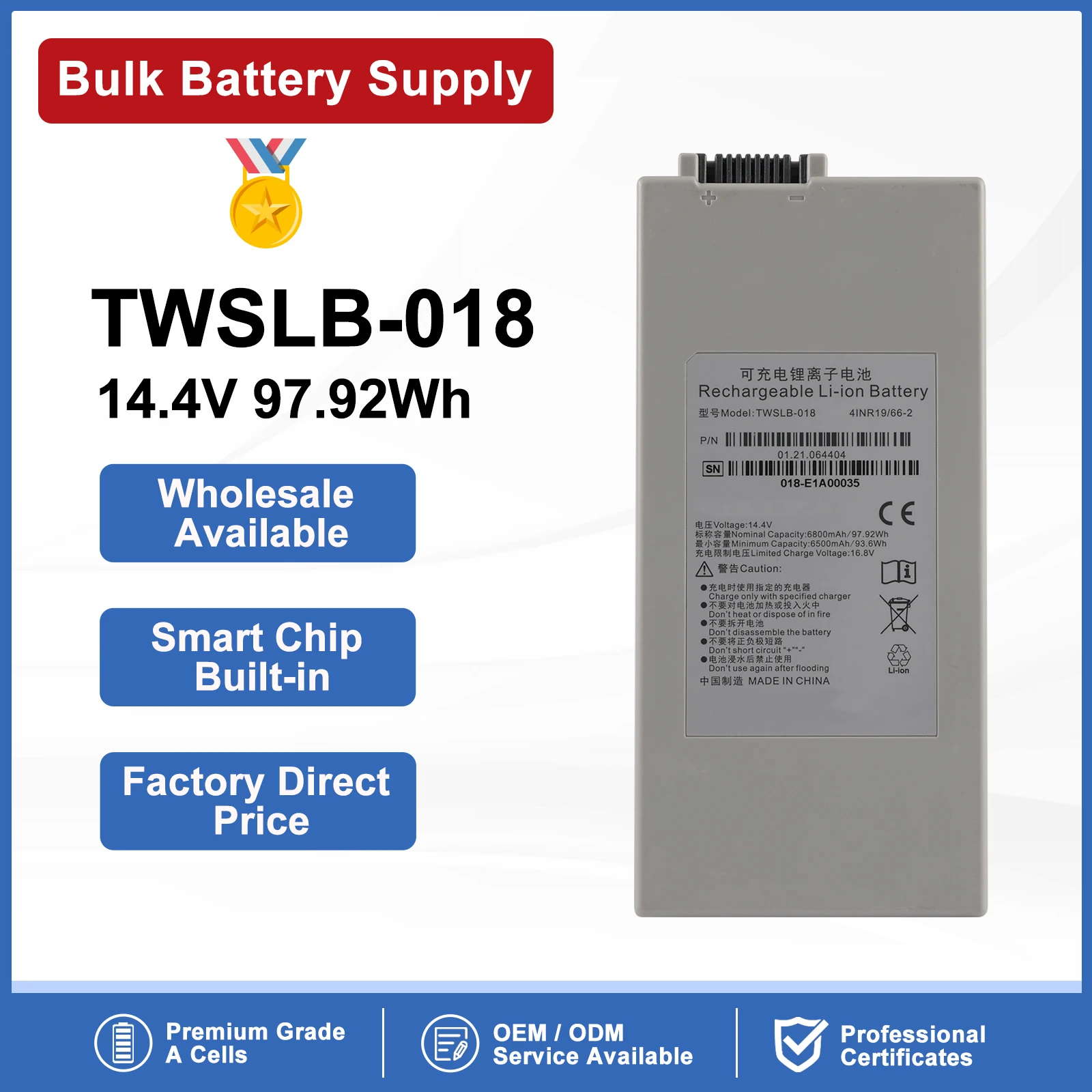 Rechargeable Li-ion Battery For  TWSLB-018 14.4V 6800mAh 97.92WH
