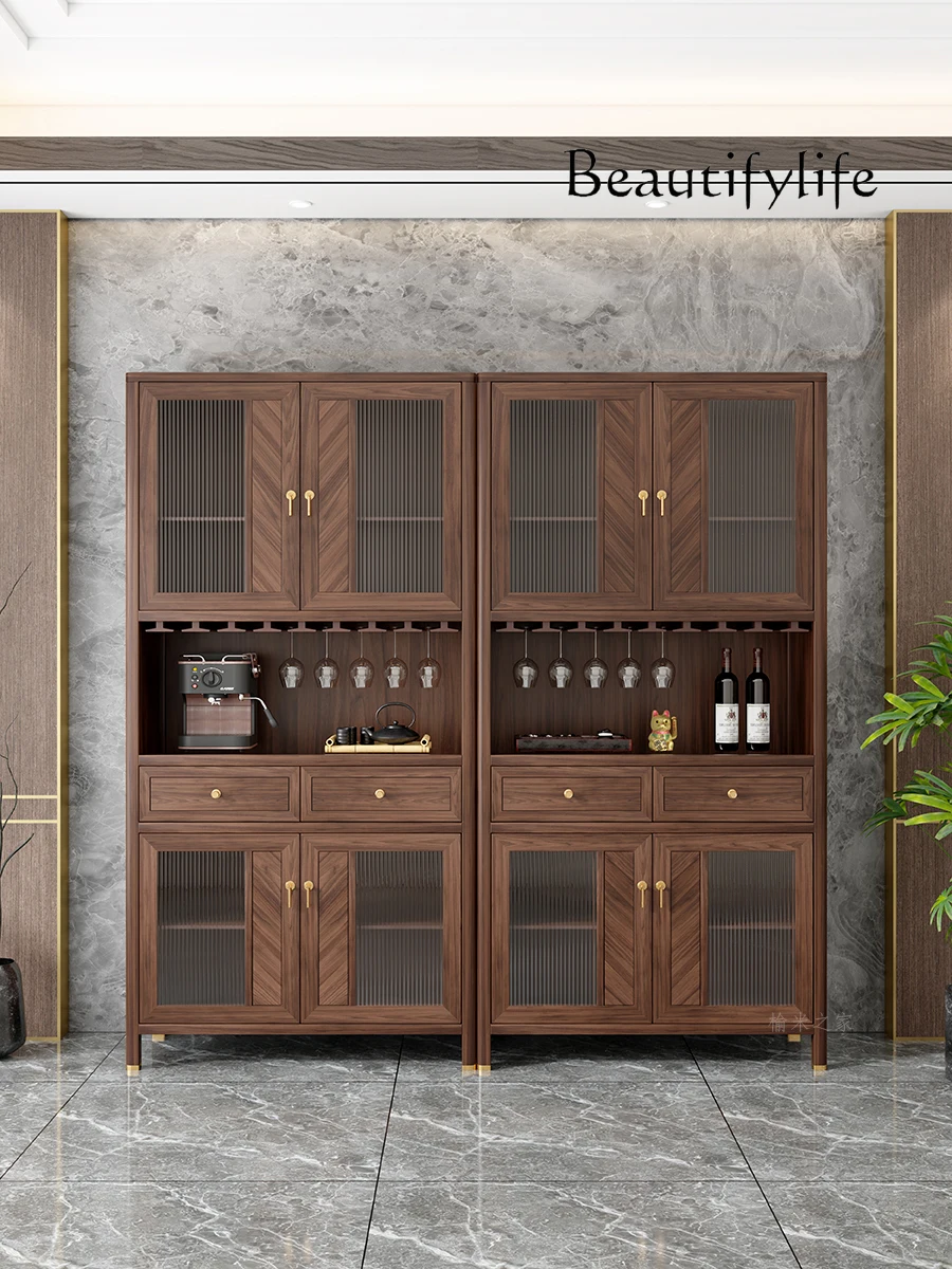 New Chinese Style Black Walnut Solid Wood Sideboard Modern Kitchen Storage Cabinet Retro Wall Wine Cabinet