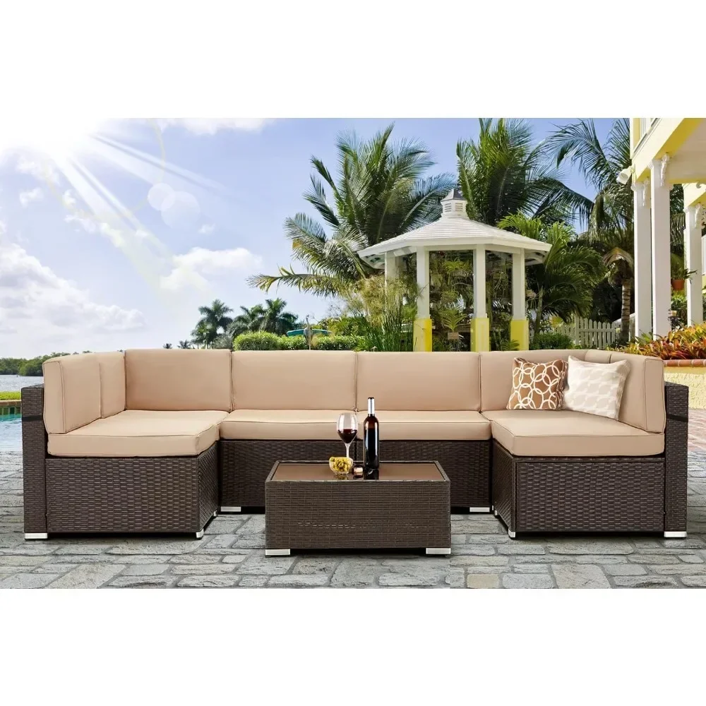 

Garden Furniture 7 Piece Set, PE Rattan Wicker Outdoors Sectional Table Chair Sets with Cushions and Back, Garden Furniture Set