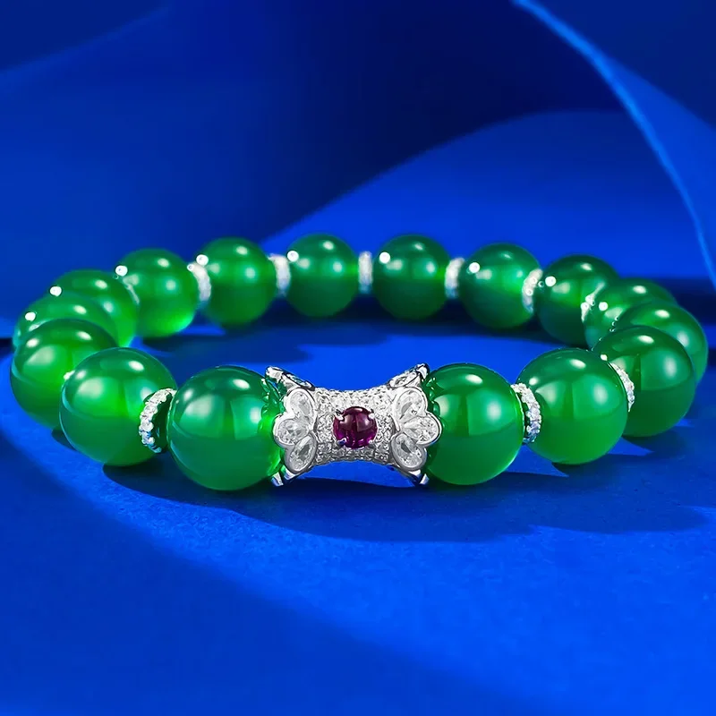 S925 silver inlaid jade stone agate jade yang green national style bracelet new stroke wedding jewelry