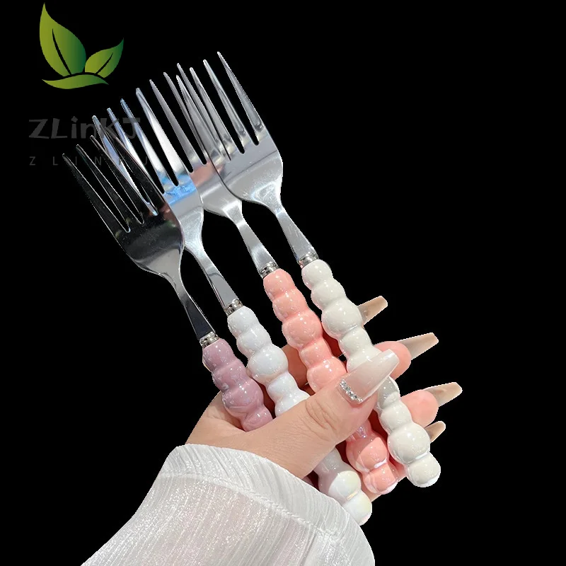 Pearl Handle Fork For Dessert Household Steak Stainless Steel Fork Salad Fork Dessert Pasta Fork Kitchen Accessories Gadgets