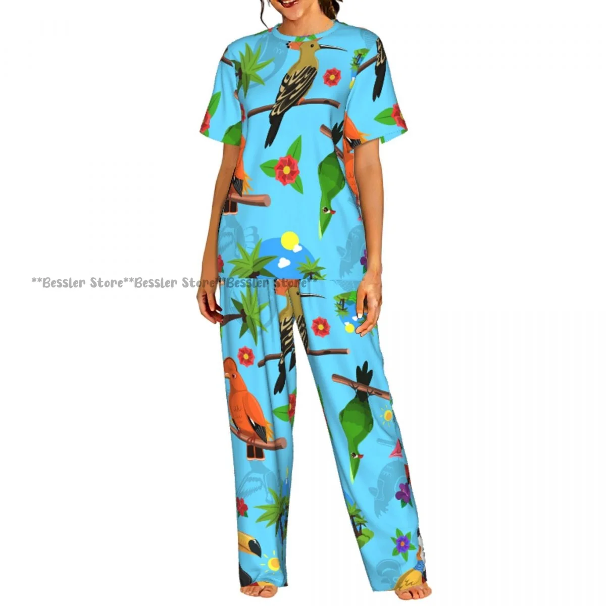 Women's 2-piece set Tropical Birds Flower Pajamas Short sleeved Top and Pants Sleepwear