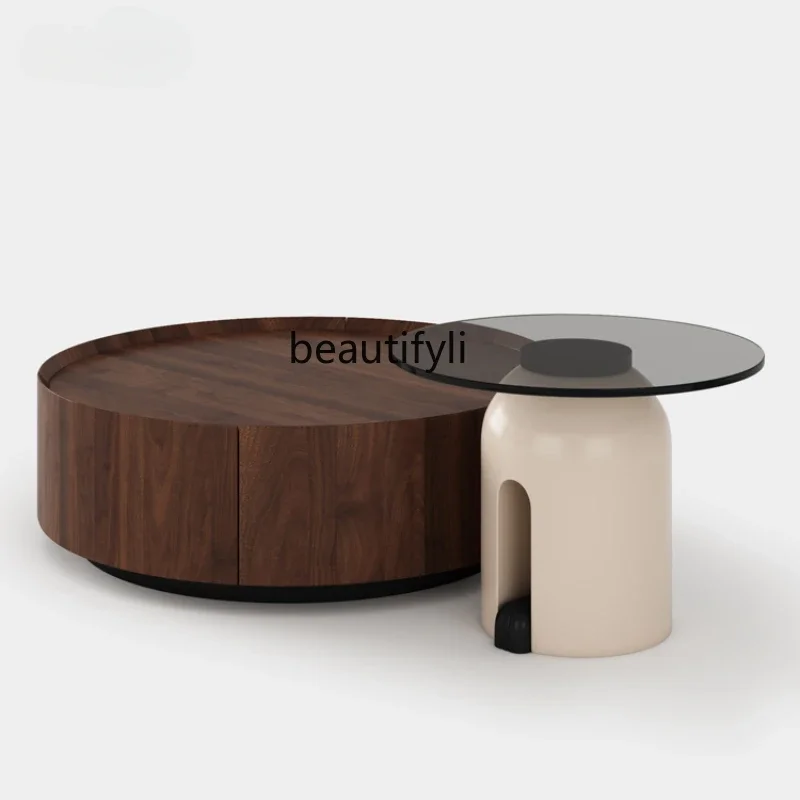 Italian Walnut round Tea Table Living Room Light Luxury High and Low Size round Coffee Table