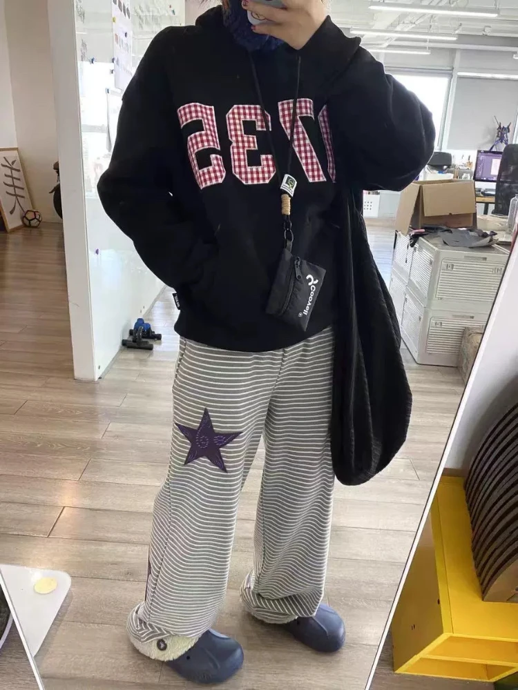 

HOUZHOU Vintage Striped Star Pants Women Y2k Harajuku Hip Hop Straight Loose Trousers Grunge Retro Casual Wide Leg Pants Street