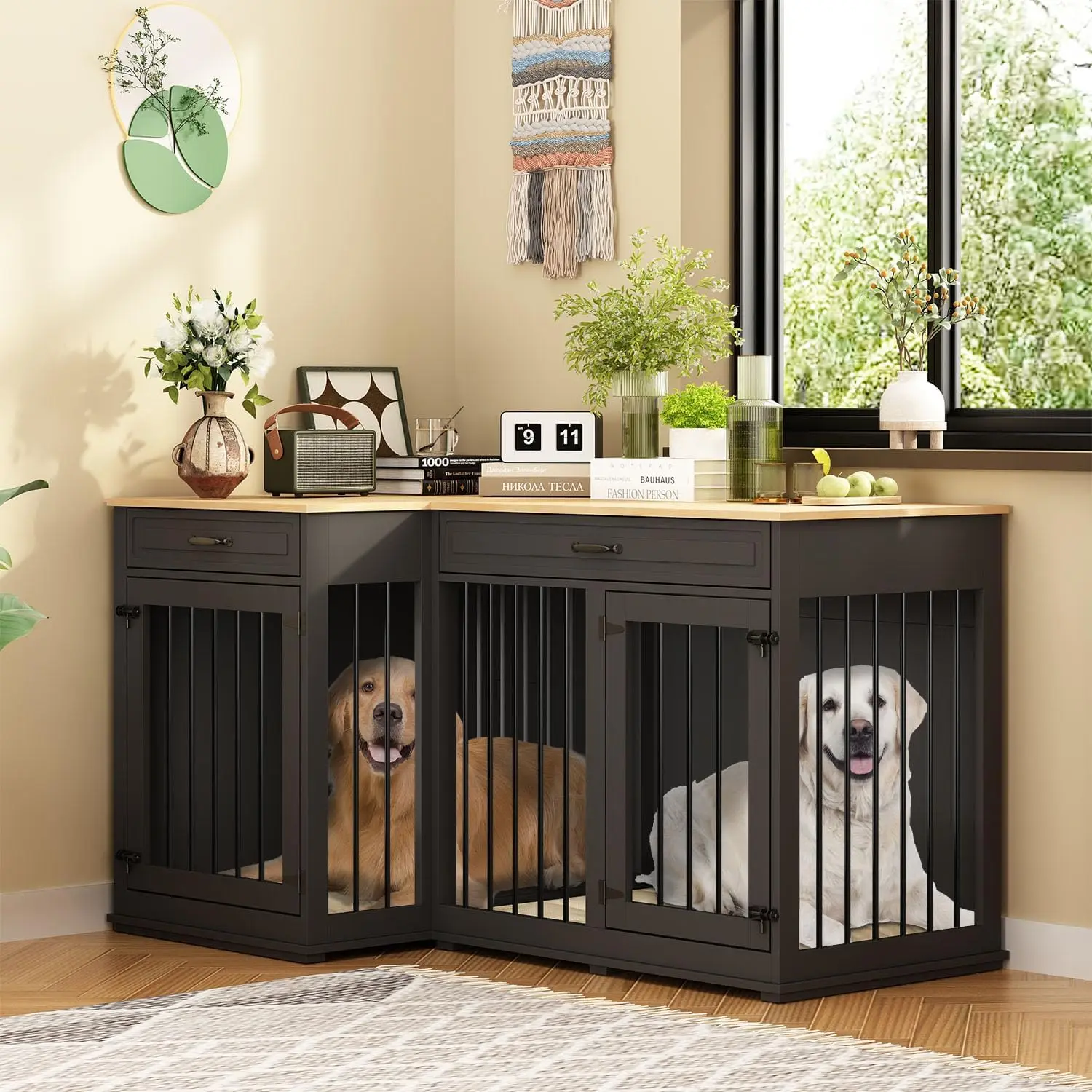 

Large Corner Dog Crate Furniture for 2 Dogs, 59" Indoor Wooden Furniture Style Dog Kennel House with Double Rooms