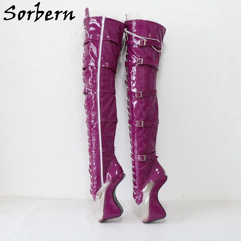 Sorbern stivali in PVC trasparente viola lucido balletto tacchi alti Sexy Fetish Heelless stivali sopra il ginocchio scarpe Crosss Unisex