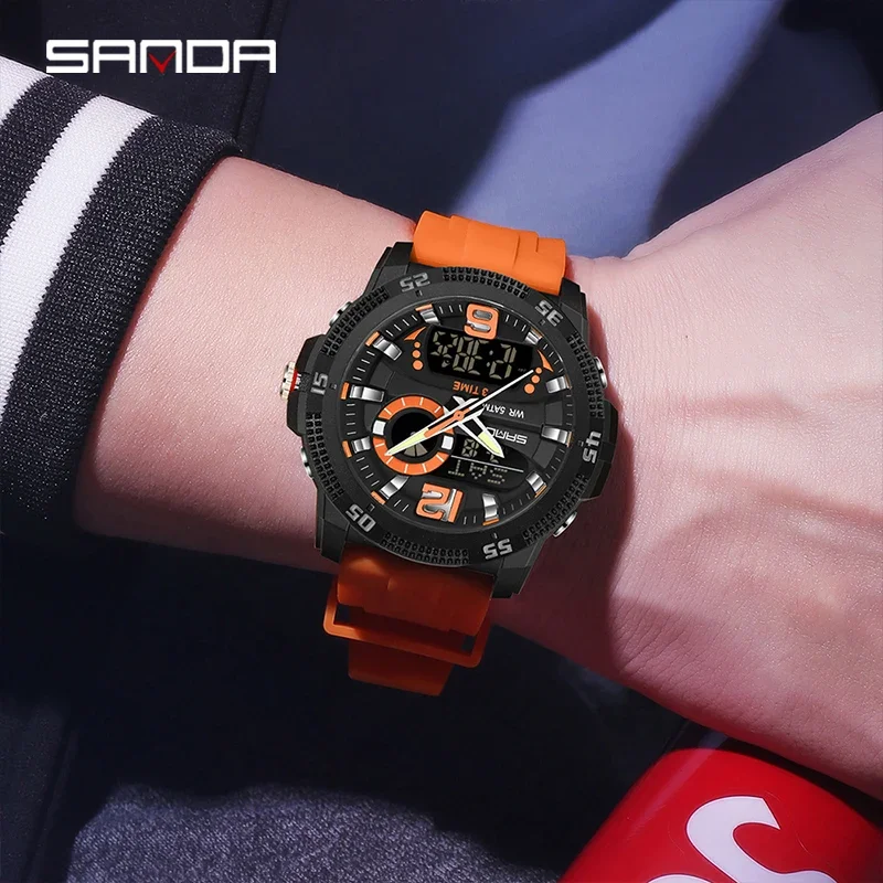SANDA Fashion ساعات رجالية فاخرة مزدوجة شاشة ديجيتال رياضية تناظرية كوارتز ساعة يد كاجوال مقاومة للماء كرونوغراف من جل السيليكا