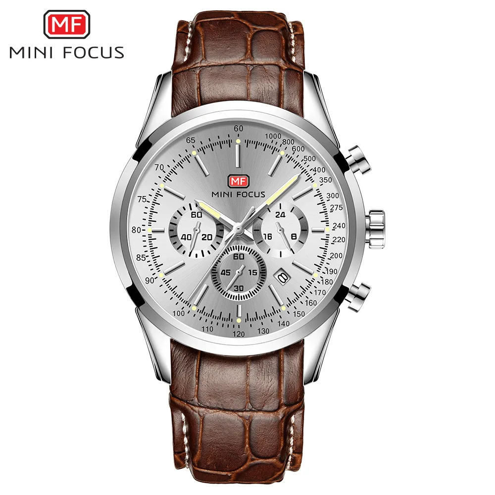 MINI FOCUS 0116 Men Quartz Watch Business Fashion Clock Date Chronograph Display Brown Leather Strap Wristwatch for Male