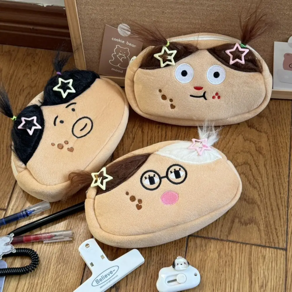 

Large Capacity Cartoon Face Pencil Bag Long Hair Desk Organizer Plush Pencil Case Creative Kawaii Funny Makeup Bag