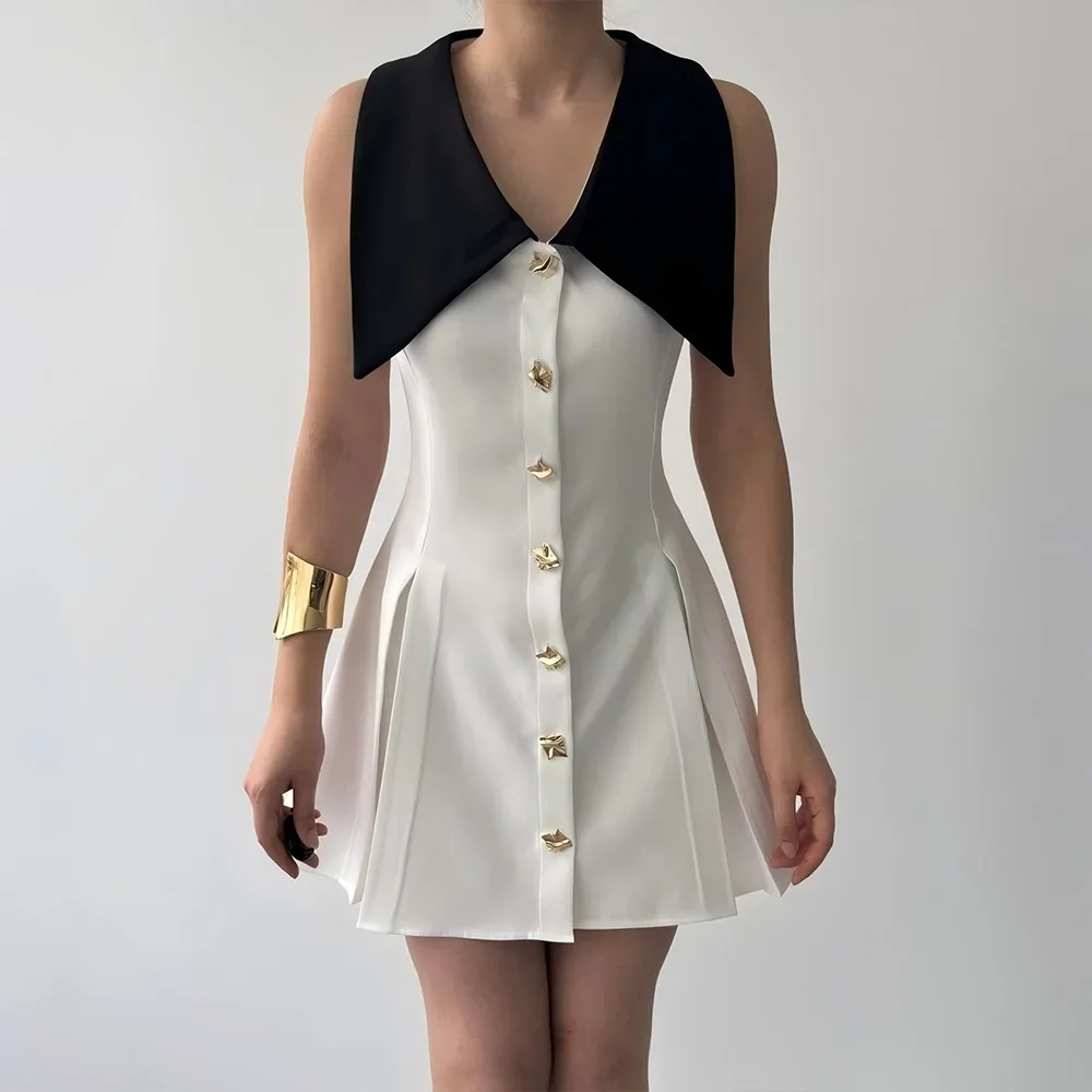 ผู้หญิงฤดูร้อน Vintage A-Line ชุดมินิแขนกุดคอปกปุ่มด้านหน้า Smocked เอว Fluted Hem ค็อกเทลปาร์ตี้ชุด