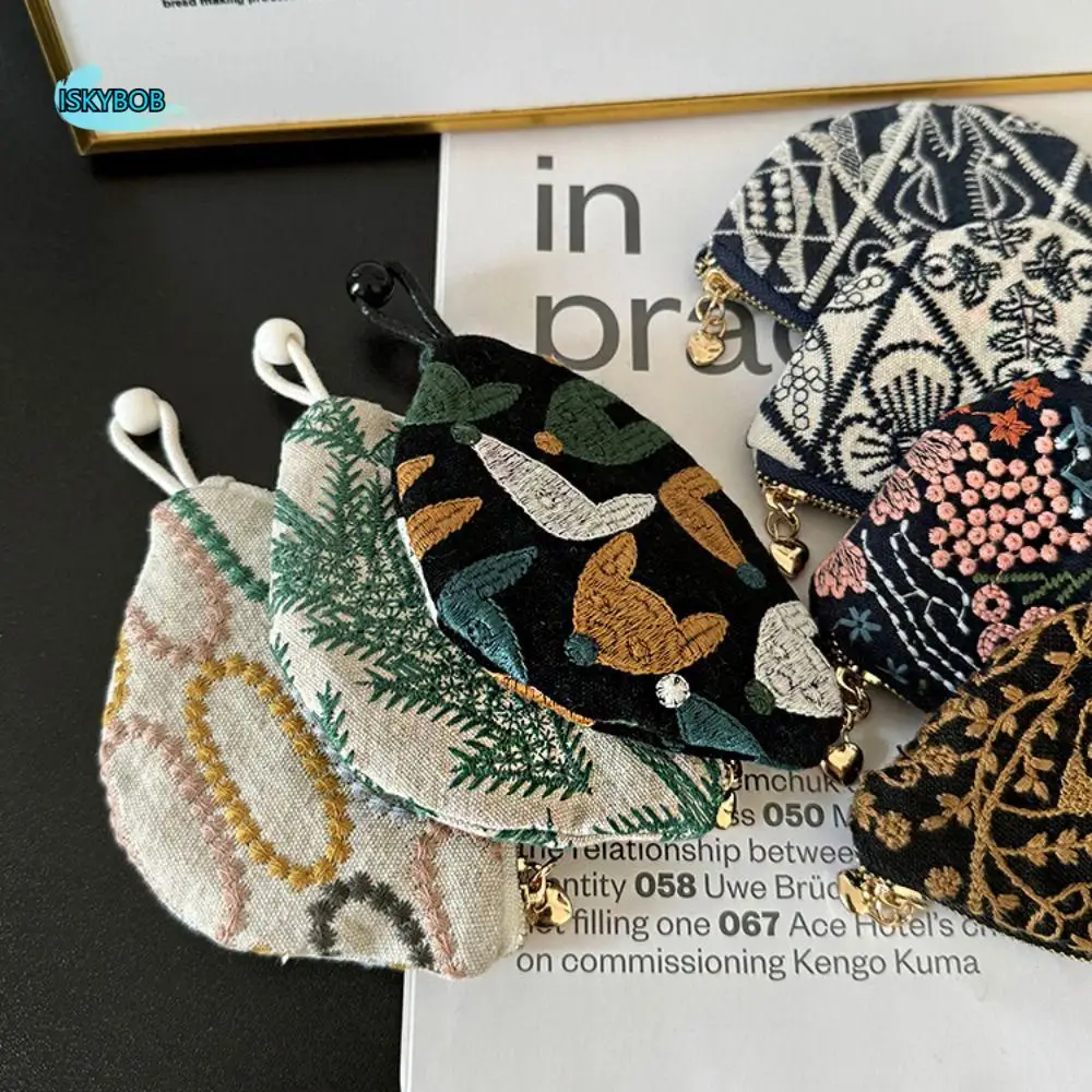 

Portable Ethnic Style Coin Purse Cotton Linen Card Holder Cute Zero Wallet Lightweight Flower Pull Type Key Bag Girls