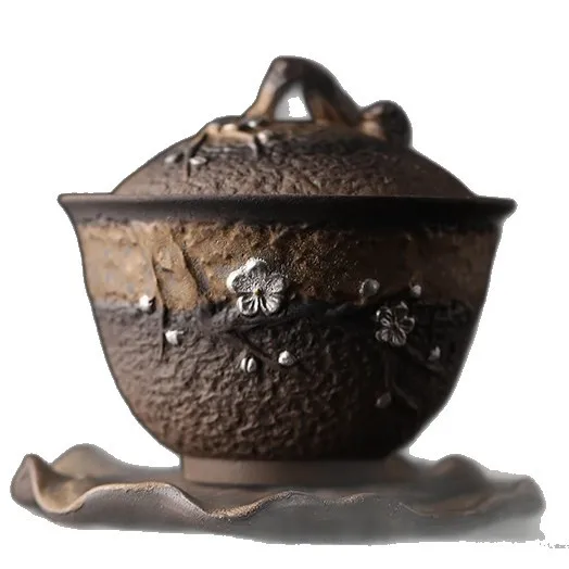 CX coarse pottery old rock mud cover bowl single hand-painted silver Sancai bowl ceramic kung fu tea set