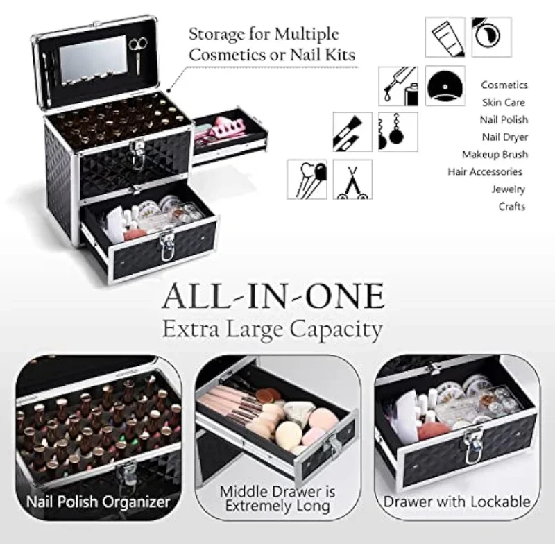 Frenessa Makeup Train Case Professional Makeup Cosmetic Box with Drawer Mirror Extra Large Manicure Accessory Storage Organizer