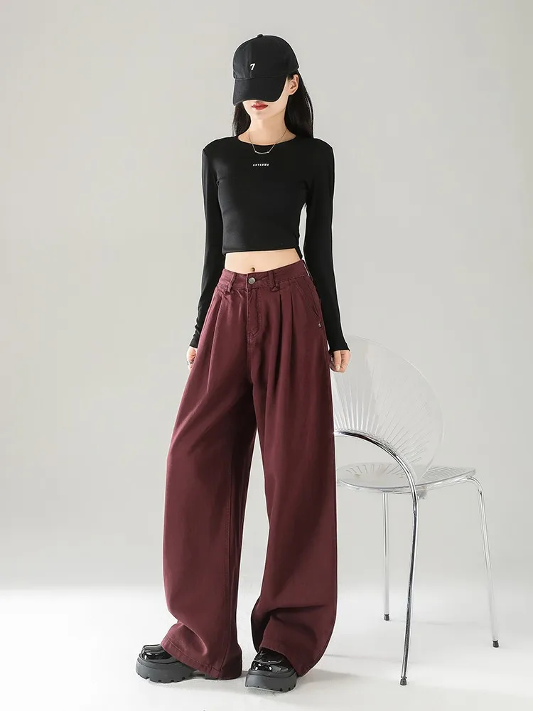 ZHISILAO High Waist Wide Leg Jeans Women Vintage Casual Red Floor Length Denim Pants Streetwear 2024