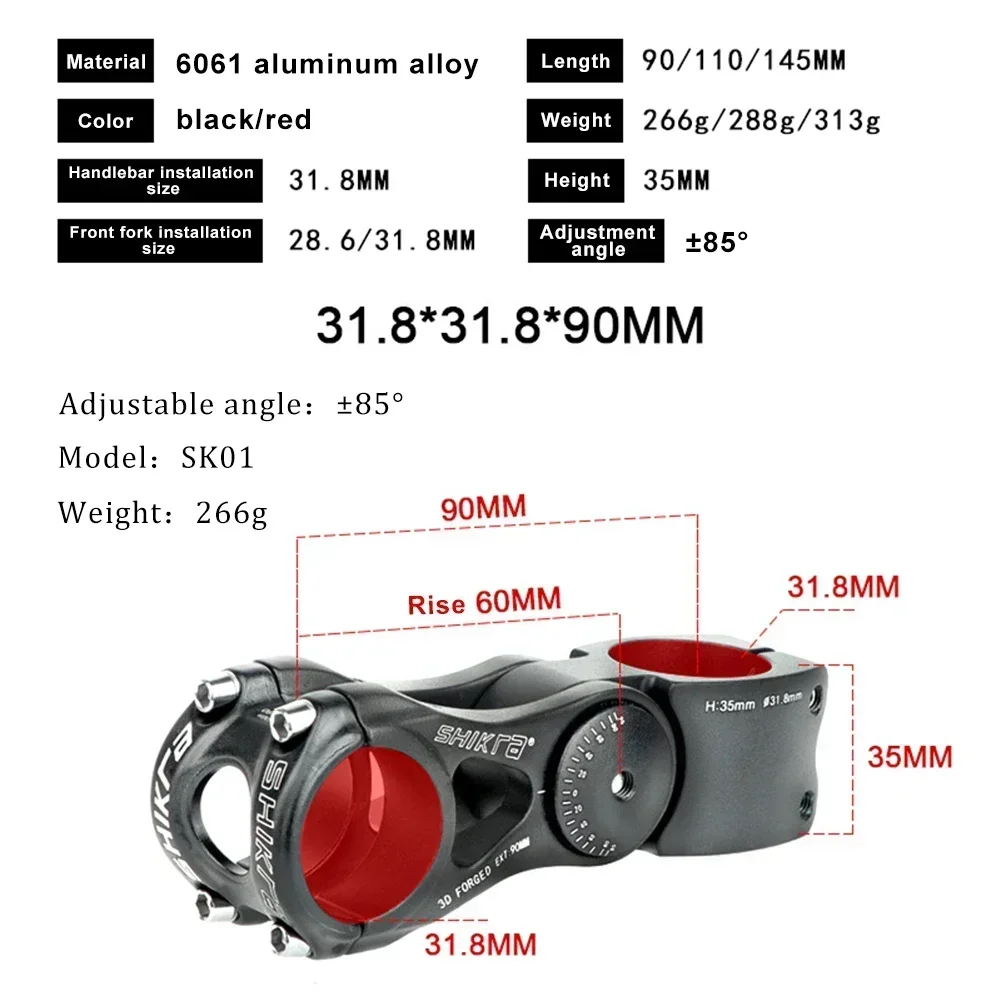 Adjustable Bicycle Stem 28.6/31.6*90/110/145MM Aluminum Alloy Handlebar Stem Riser MTB Power Road Mountain Bike Stem Accessories